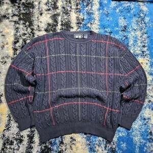 Vintage Woods & Gray Cable Knit Plaid Sweater Navy XL